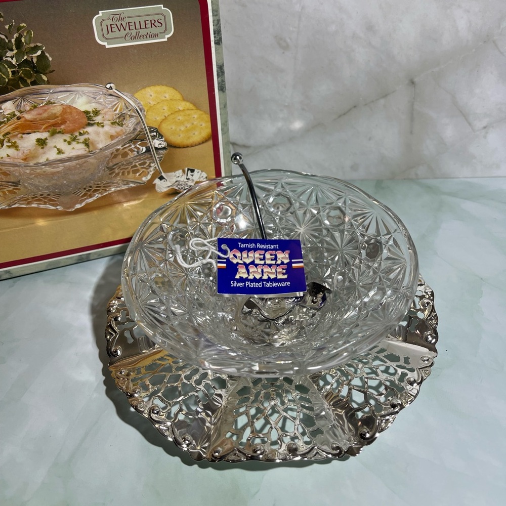 VTG Mayell Queen Anne Tableware Silver Plated Tray Ladle And Crystal Bowl Combo